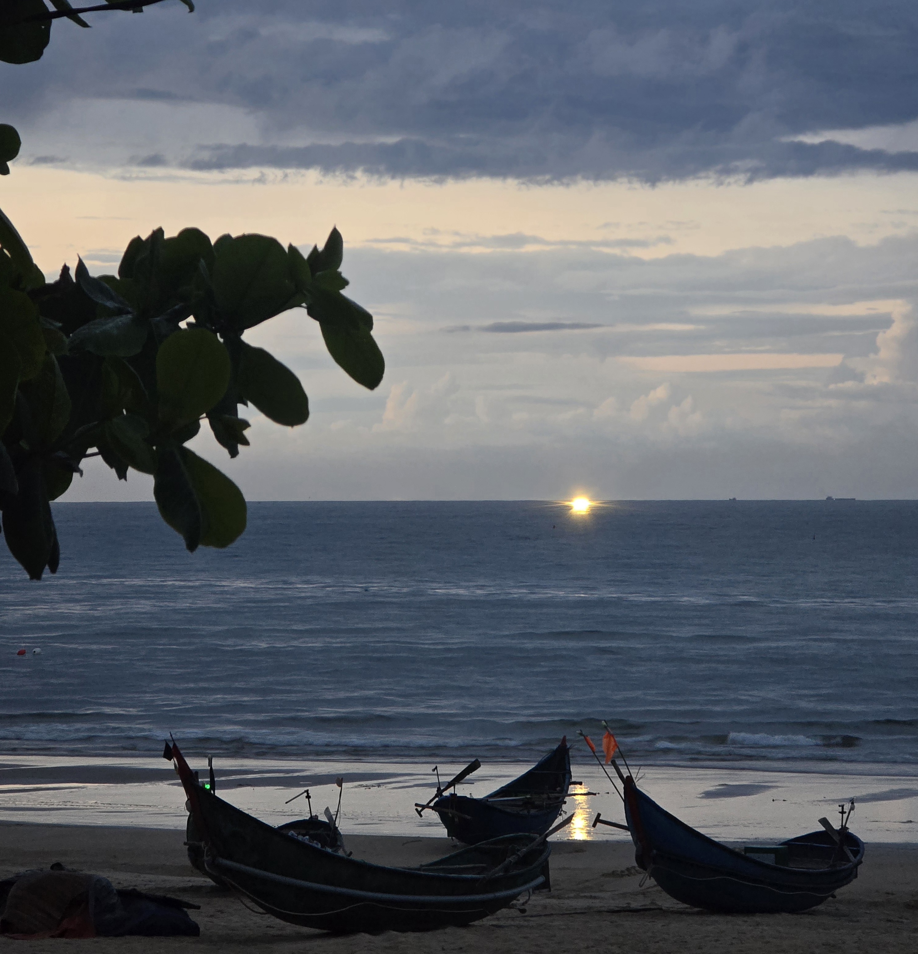 나뭇잎 그림자가 드리운 땀끼 해변, 정박한 배와 수평선의 불빛 반사&mdash;멈춤 뒤 시작을 예감하는 풍경