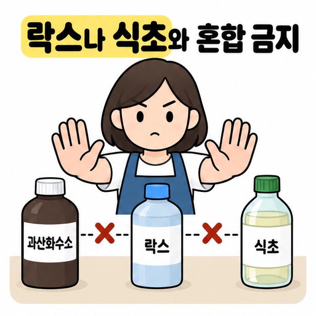 락스나 식초와 혼합 금지 문구 아래 사용자가 손바닥을 펴고 과산화수소와 락스와 식초 병 사이의 X 표시로 혼합을 막는 모습