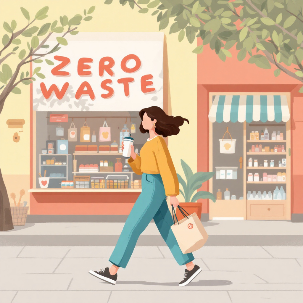 제로 웨이스트 상점 앞을 reusable 컵과 에코백을 들고 지나가는 여성의 모습