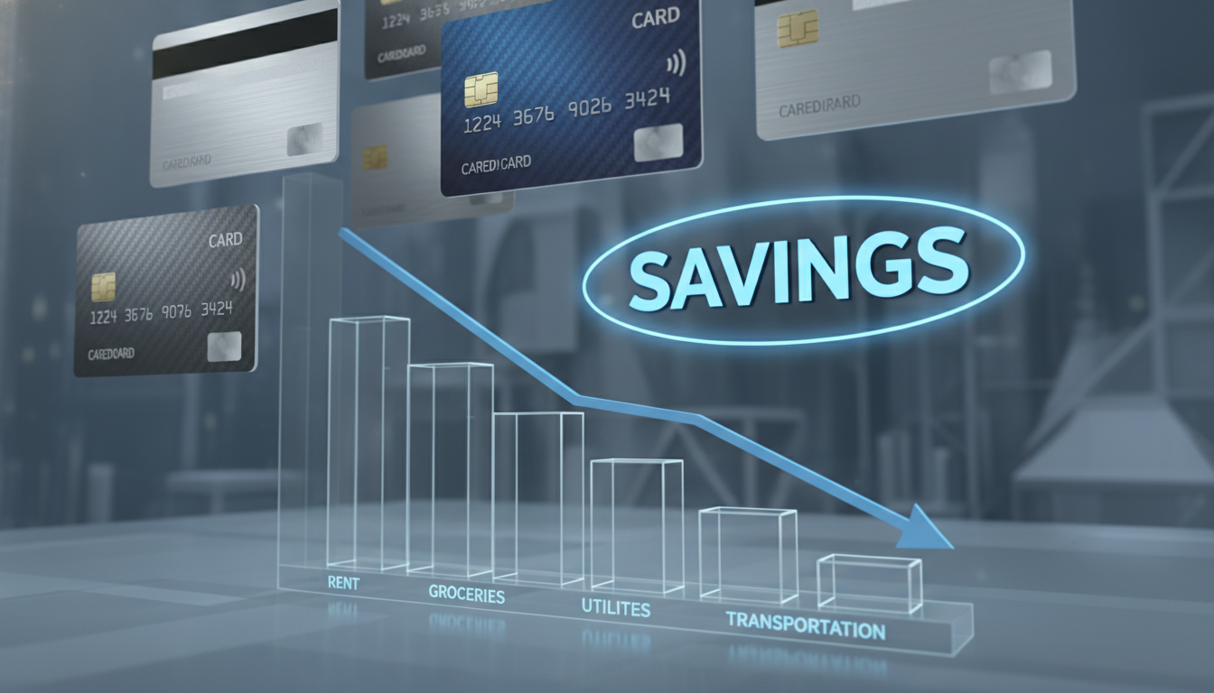 생활비 절감 혜택을 제공하는 신용카드들과 지출이 감소하는 그래프 일러스트