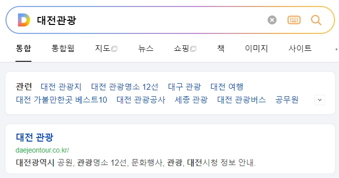 대전 여행 정보를 얻기 위해 관광 정보 사이트 메인 화면에 접속한 모습