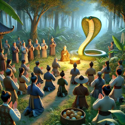 뱀에게 감사의 의식을 올리는 마을 사람들