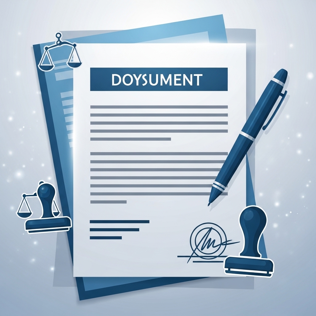 푸른색과 회색 톤의 깔끔한 위임장 양식이 펼쳐져 있고, 그 위에 펜과 도장 아이콘이 놓여 있어 중요한 법률 문서임을 나타냅니다. 명확하고 신뢰할 수 있는 정보를 제공하는 분위기입니다.