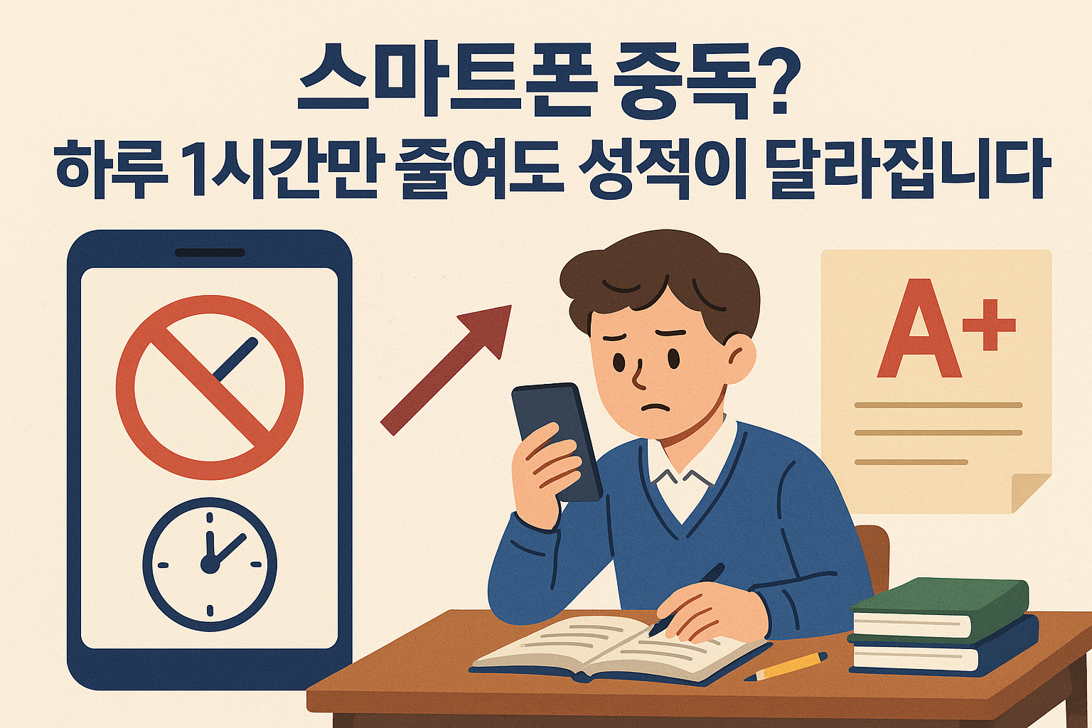 스마트폰사용줄이기-공부집중-성적향상-학생-책상-공부-휴대폰-금지-시간관리-성적표-A플러스