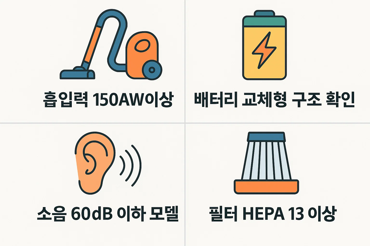 흡입력 150AW 이상, 교체형 배터리, 저소음 모델, 고등급 필터 등 고성능 무선청소기 선택을 위한 핵심 기준을 정리한 인포그래픽.