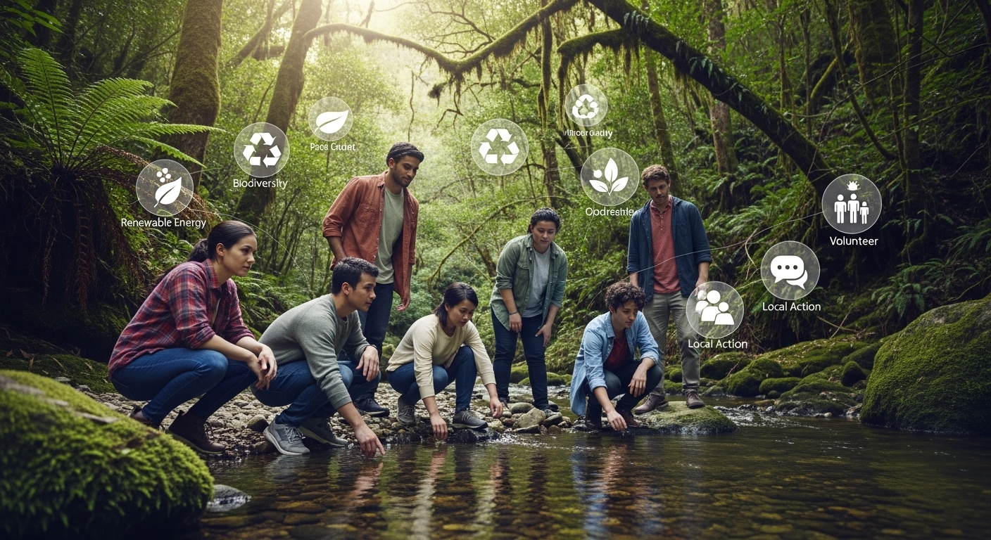 MZ세대가 푸른 숲과 맑은 시냇물을 바라보며 환경 보호의 중요성을 생각하는 모습