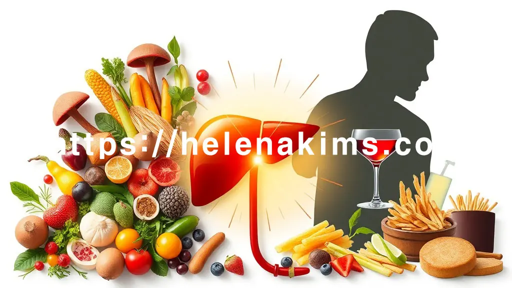 깨끗한 배경 중앙에 빛나는 건강한 간 아이콘. 한쪽엔 신선한 버섯, 오미자 열매, 다채로운 채소와 과일이 간으로 활력을 전하는 모습.