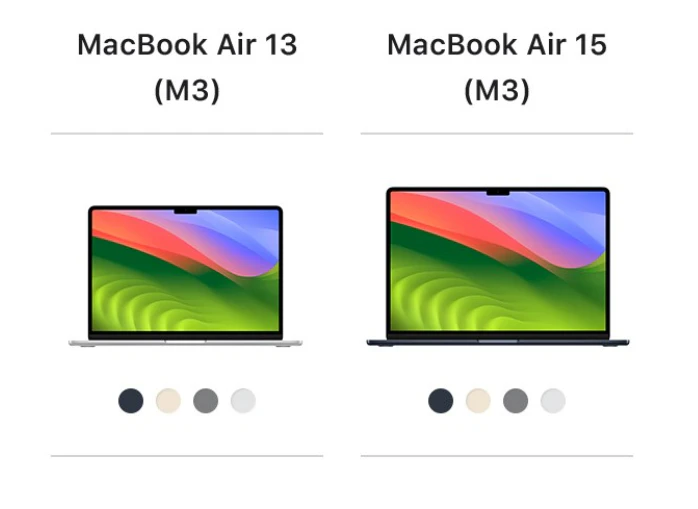 맥북 에어 13과 15의 화면 색상 비교 사진