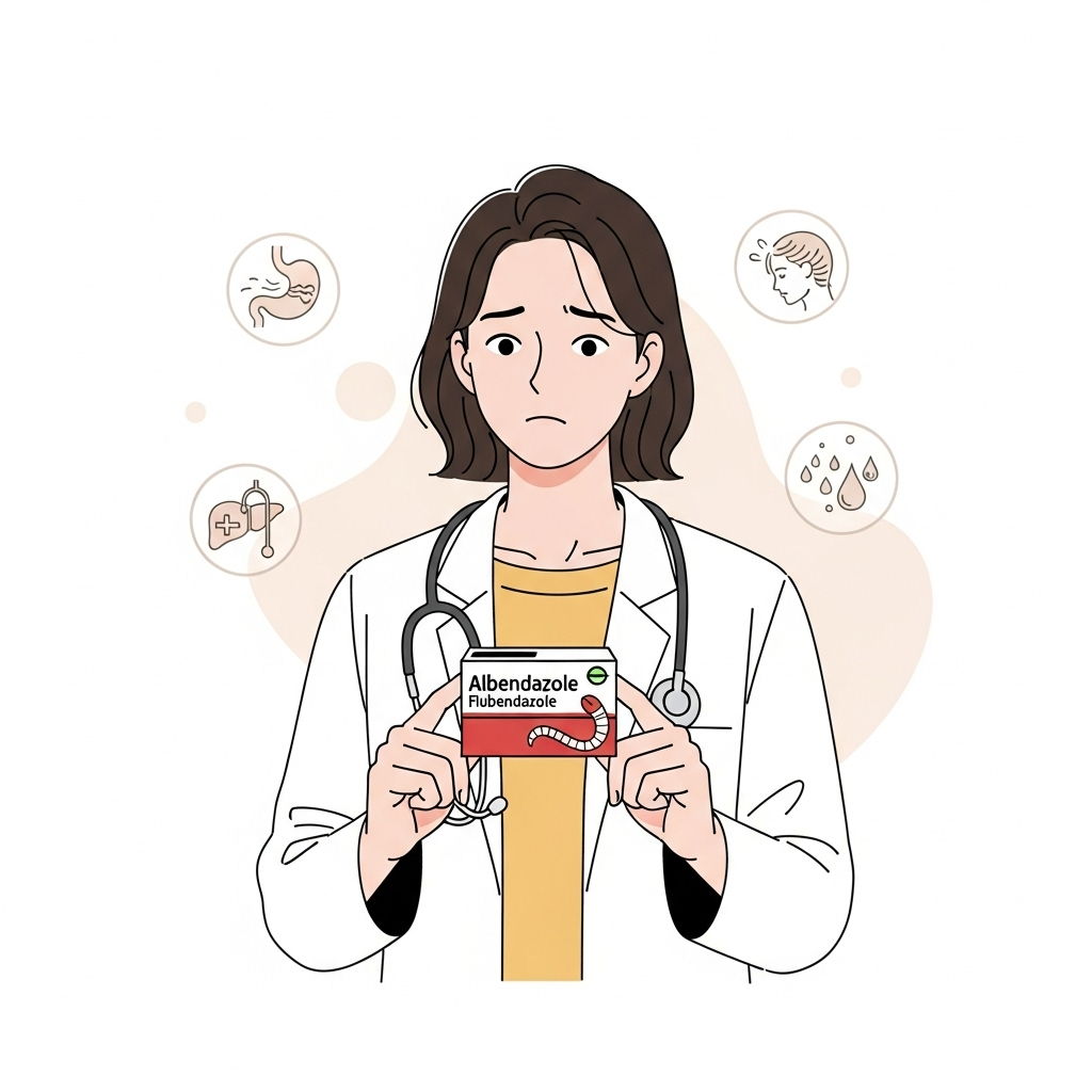 구충제 복용 후 나타날 수 있는 부작용에 대해 걱정하는 한국인 여성의 모습. 약 상자를 들고 있으며, 복통, 두통, 메스꺼움, 간 기능 이상 등의 증상들이 시각적으로 표현되어 있습니다.