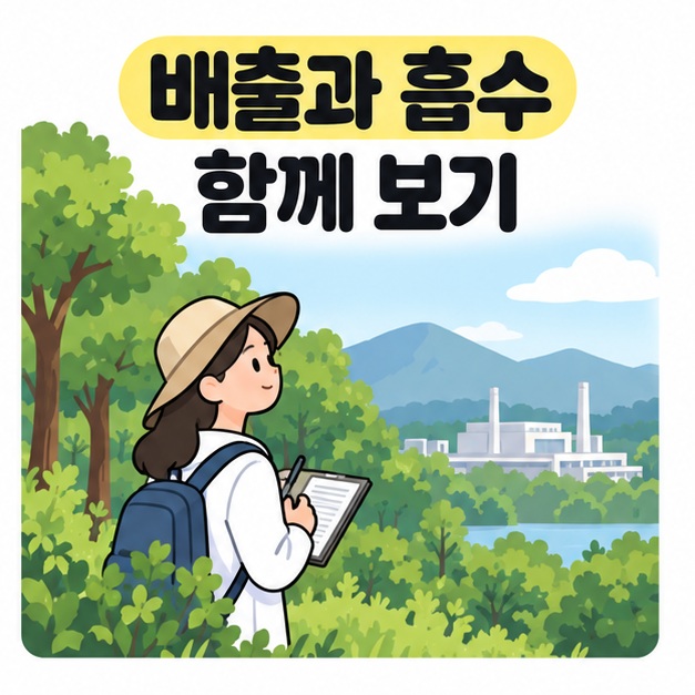 배출과 흡수 함께 보기 문구 아래 나무와 먼 산업시설이 보이는 야외에서 기록하는 연구자