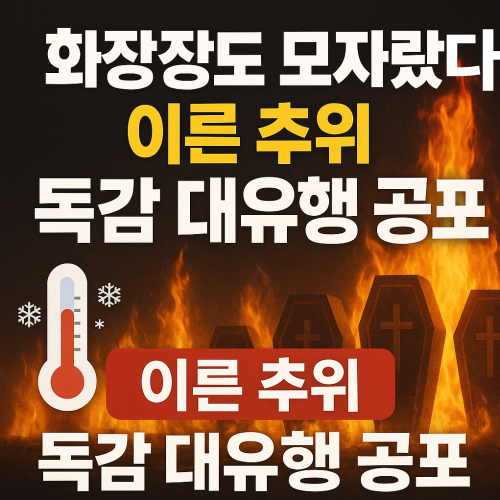 빨리 찾아온 추위 속 독감 유행 확산과 &lsquo;화장장도 부족했다&rsquo;는 경고를 담은 경고 이미지 썸네일