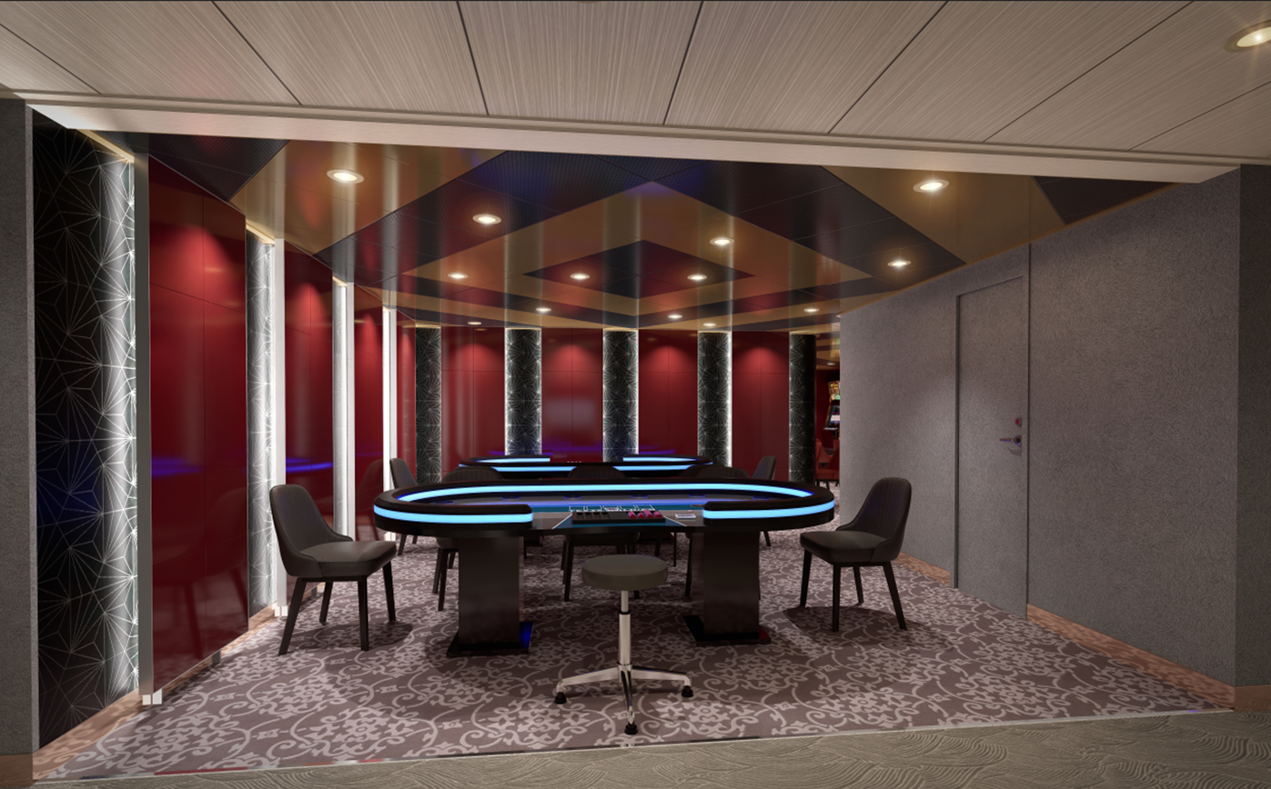 “팬스타미라클호의 카지노 공간 내부. 중앙에 블랙 컬러의 포커 테이블이 조명과 함께 배치되어 있고, 회색 계열의 고급 의자가 둘러져 있다. 벽면은 붉은색과 검정색 패턴으로 꾸며져 있으며, 은은한 조명과 화려한 카펫이 어우러져 세련된 분위기를 연출한다.”