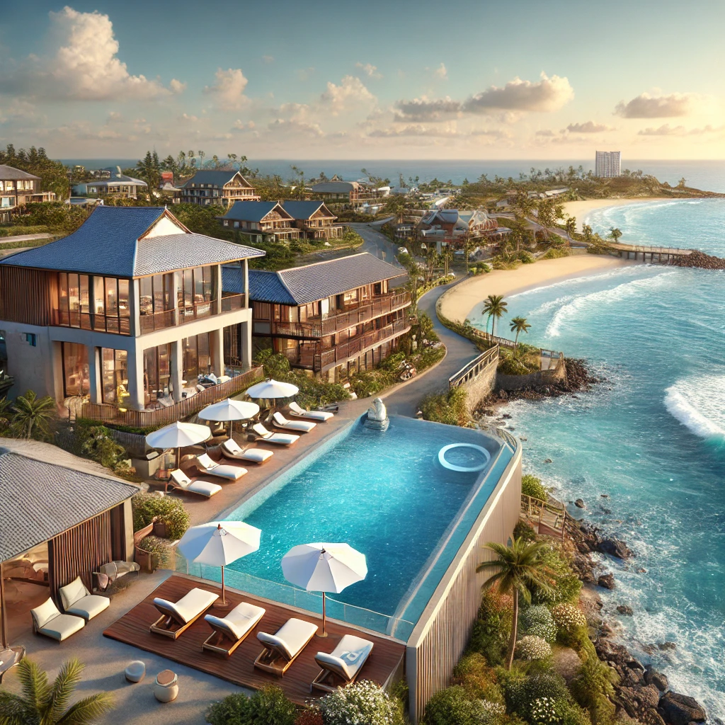 제주도의 푸른 바다를 배경으로 리조트와 게스트하우스의 전경