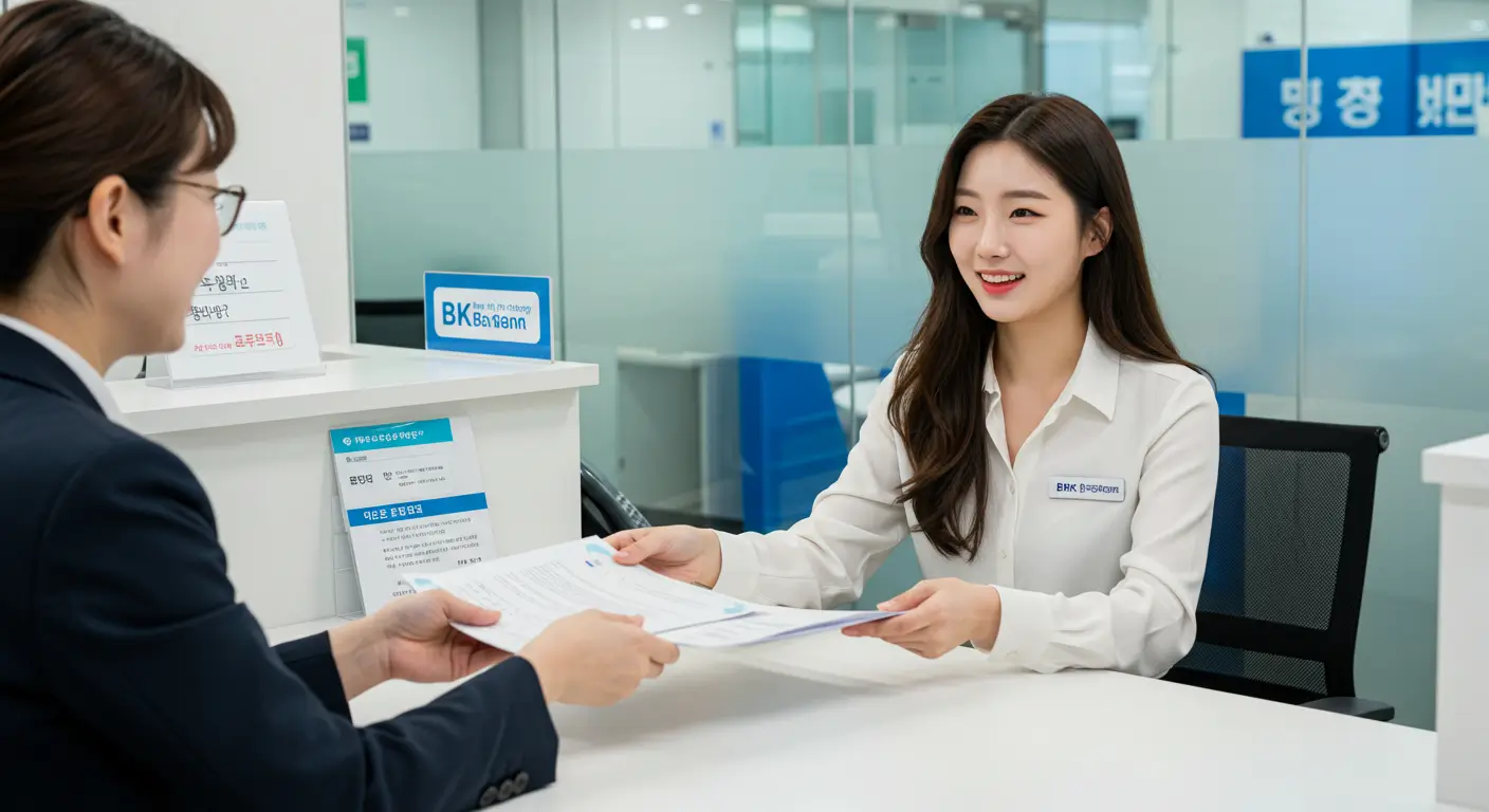 필수 서류를 완벽하게 준비하여 은행에 자신감 있게 중고차 대출을 신청하는 한국인 프리랜서