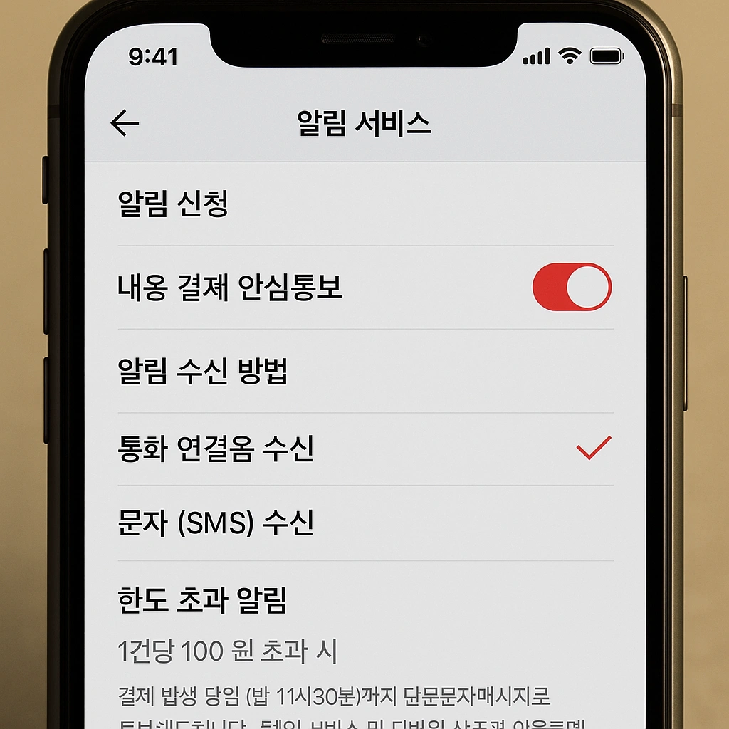 KT 앱에서 안심통보 서비스 설정 화면