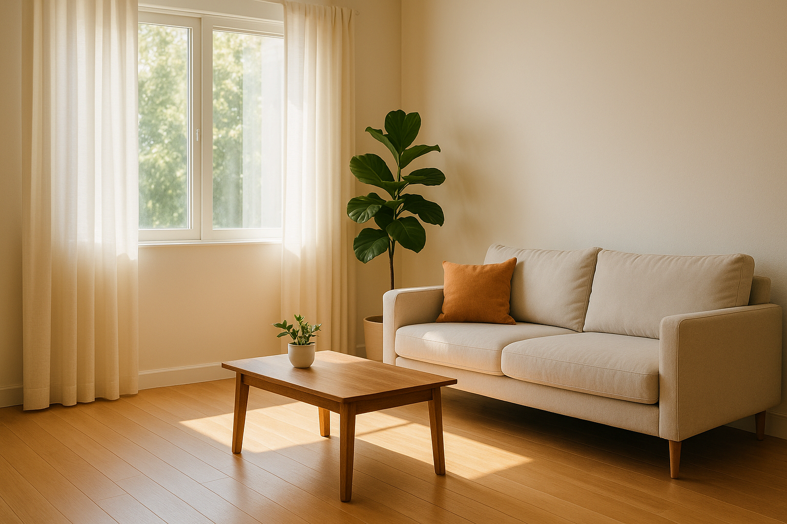 창으로 햇살이 들어오는 밝고 따뜻한 거실 인테리어