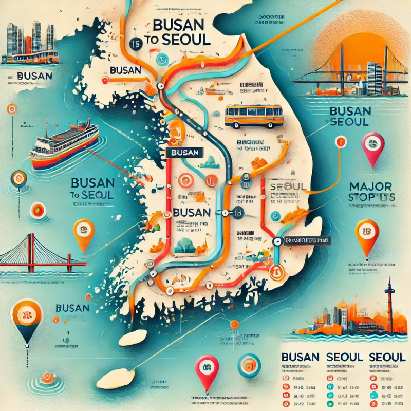 부산에서 서울까지의 KTX 경로를 주요 정차역과 함께 보여주는 지도 이미지.