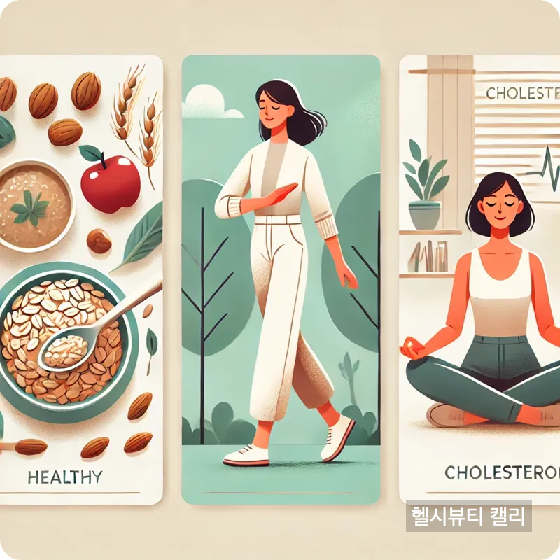 건강한 식단, 운동, 명상을 상징적으로 표현한 고지혈증 예방 썸네일.