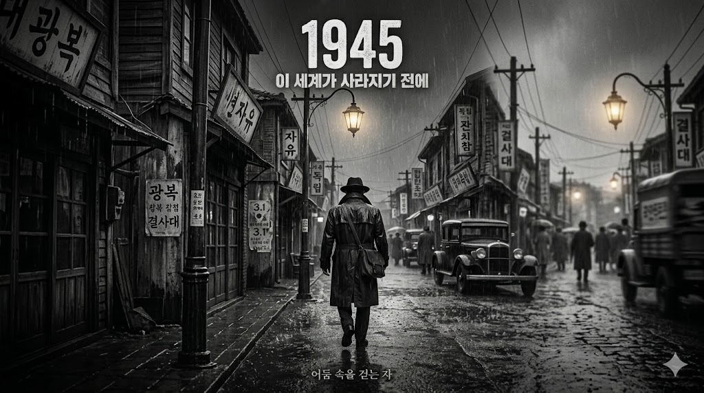 1945년 경성(서울)의 비 내리는 밤거리, 가로등 아래 코트 깃을 세우고 걷는 독립투사의 뒷모습