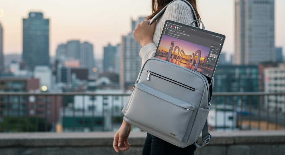 2025년형 초경량 17인치 노트북을 메고 도시를 걷는 사람의 뒷모습. 노트북은 백팩에 깔끔하게 수납되어 있으며, 휴대성과 이동의 편리함을 시각적으로 강조한다.