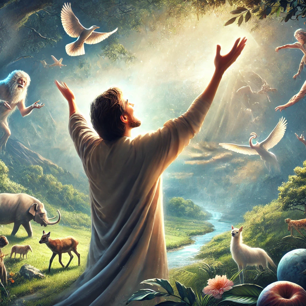 여기에 창세기 1:26 말씀을 묵상하며, 하나님의 형상을 따라 창조된 자로서 하나님을 찬양하는 모습을 담은 그림이 있습니다. 자연 속에서 창조의 질서를 다스리는 존재로 서서 두 팔을 들고 기쁨으로 하나님을 찬양하는 모습이 표현되었습니다. 빛이 내려오며 하나님의 임재를 상징하고, 배경에는 다양한 피조물들이 조화롭게 존재하여 인간이 하나님을 닮은 자로서 살아가는 목적을 보여줍니다. 🙌✨