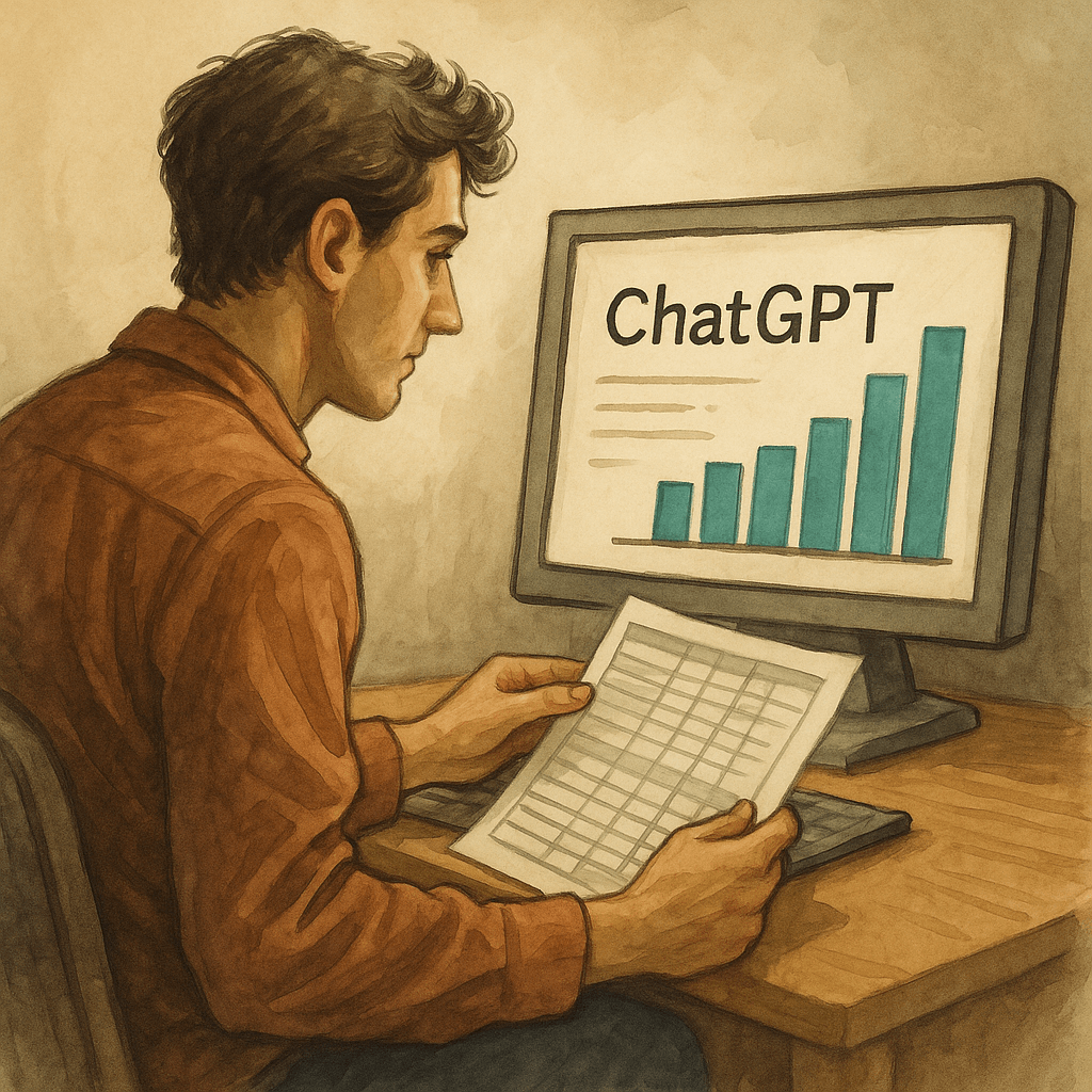 ChatGPT 창에 데이터를 업로드하자 자동으로 바 차트와 시각화가 생성되고, 사용자가 나만의 GPT 설정을 진행하는 과정을 그림처럼 표현한 일러스트