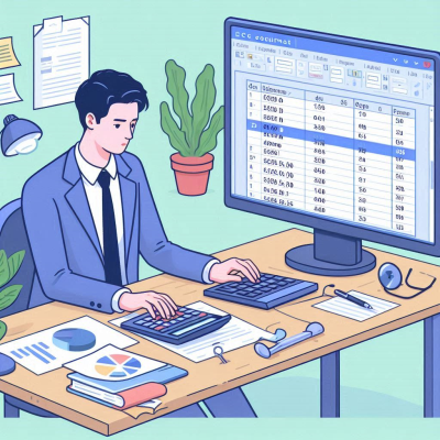 "사무실에서 컴퓨터로 데이터를 처리하는 사람, 계산기와 도구들"