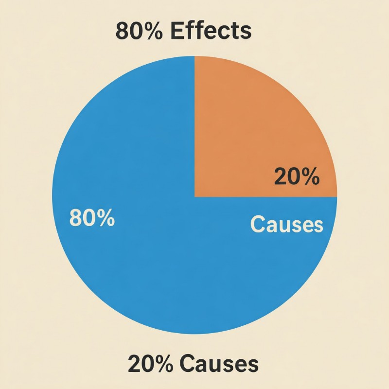 파레토 법칙을 나타내는 간단한 파이 그래프. 80%의 결과를 나타내는 큰 파란색 조각과 20%의 원인을 나타내는 작은 주황색 조각으로 구성됨.