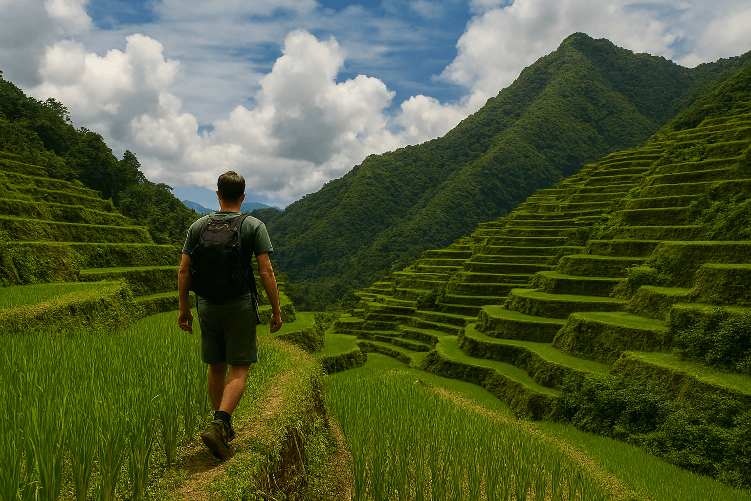 바나우에 계단식 논의 좁은 길을 따라 하이킹을 즐기는 필리핀여행객. 아름다운 풍경 속에서 자연과 교감한다.