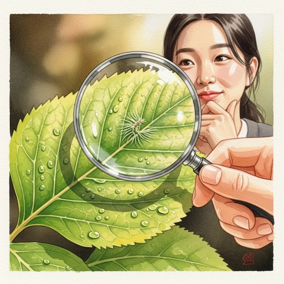 돋보기로 작은 식물 구조를 자세히 살피는 모습