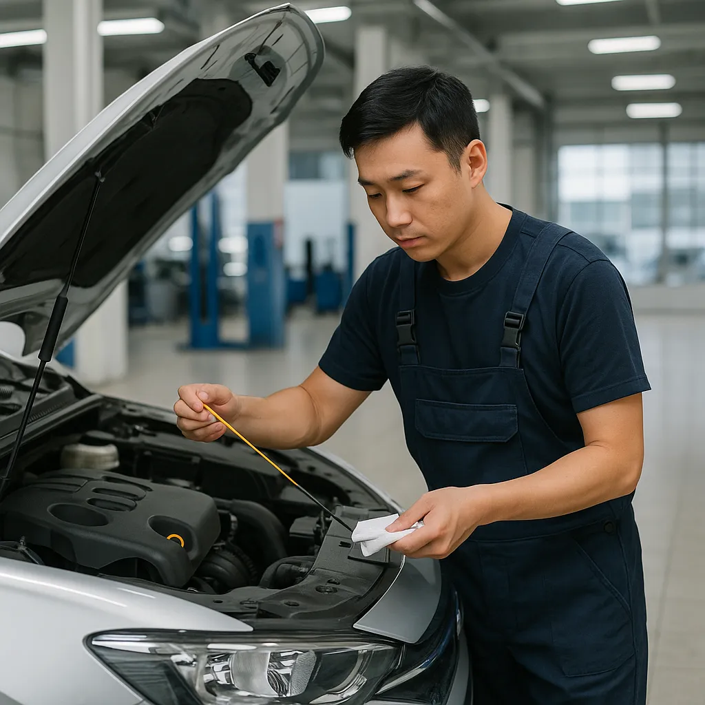 자동차 보닛 아래 엔진오일 점검 중인 정비사
