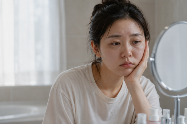 아침 붓기와 칙칙한 피부로 고민하는 여성의 피부 컨디션 변화 이미지