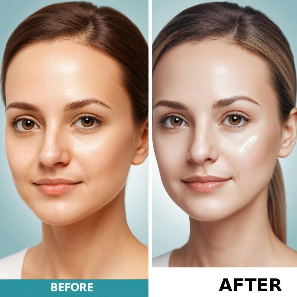 스킨케어 제품 사용 전후 비교 이미지. 좌측은 일반 피부, 우측은 톤이 밝아지고 윤기 나는 피부로 표현됨