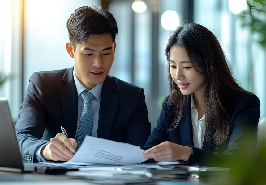 자산 관리 상담을 받는 모습, 안정적인 투자 전략을 상징하는 이미지