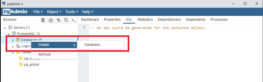 [Databases] - [우 클릭] - [Create] - [Database..]