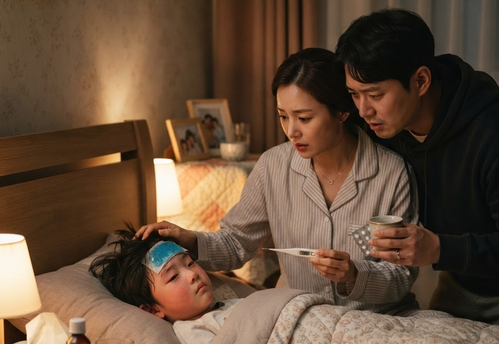 아이가 아픈 부모의 걱정스러운 모습