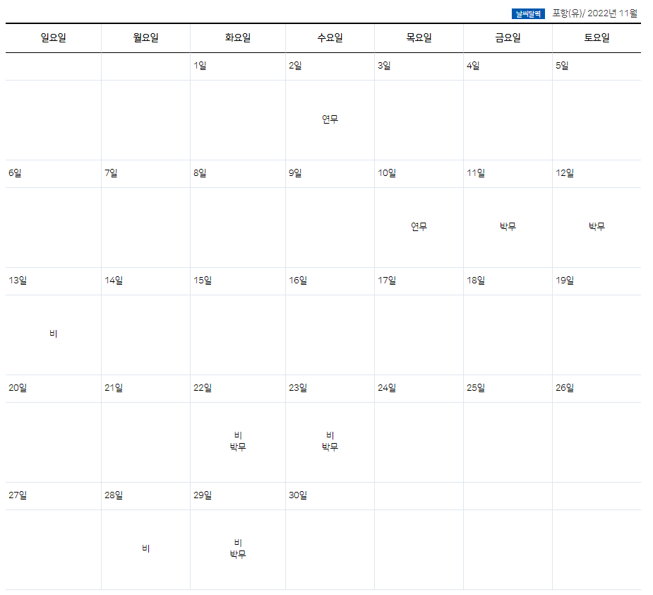 포항 11월 비 온 날