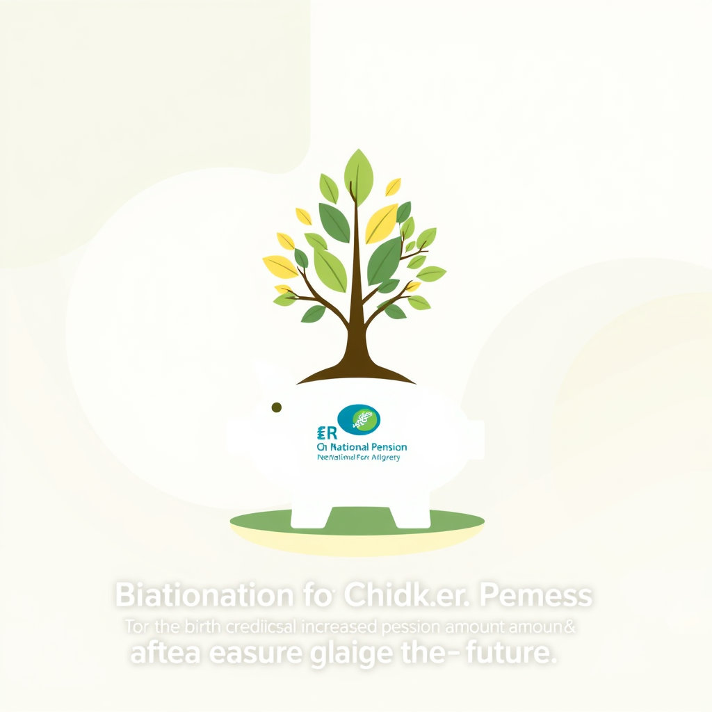 국민연금 로고(또는 유사 심볼)와 저금통, 성장하는 나무가 함께 어우러진 추상적인 이미지. 안정감 있고 긍정적인 색상.