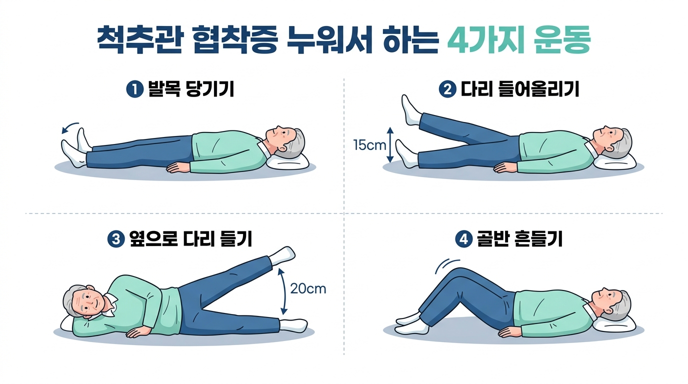 척추관 협착증 누워서 하는 4가지 운동 순서를 설명한 인포그래픽