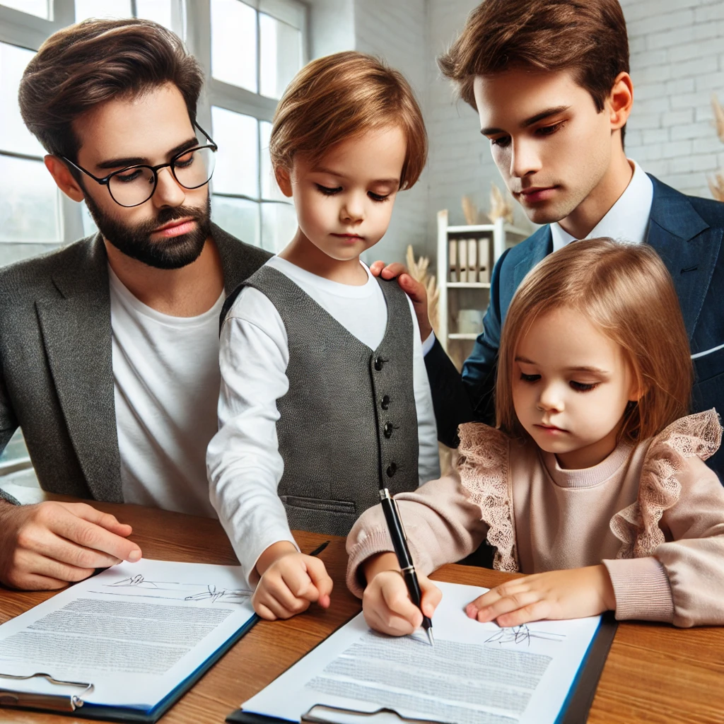 변호사 사무실에서 문서를 진지한 표정으로 서명하는 세 형제