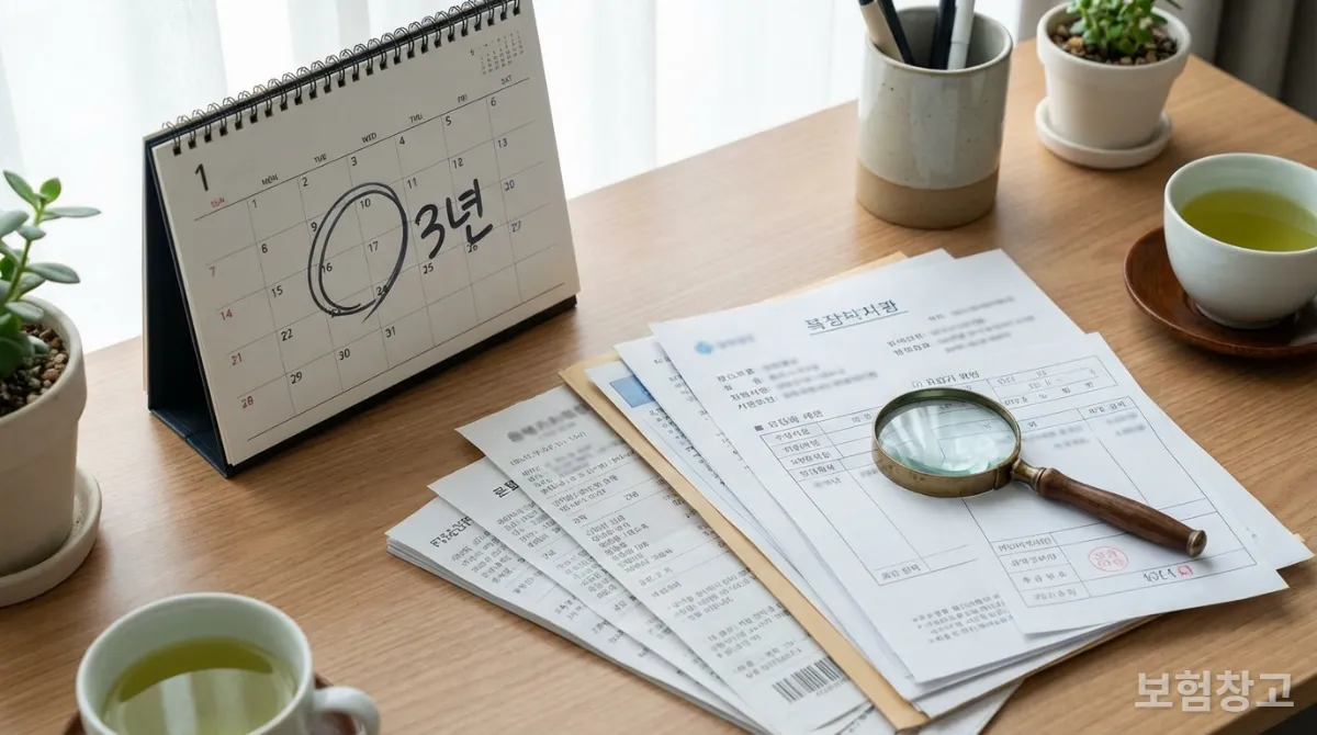실손보험 청구 기한을 표시한 달력과 정리된 의료 서류들