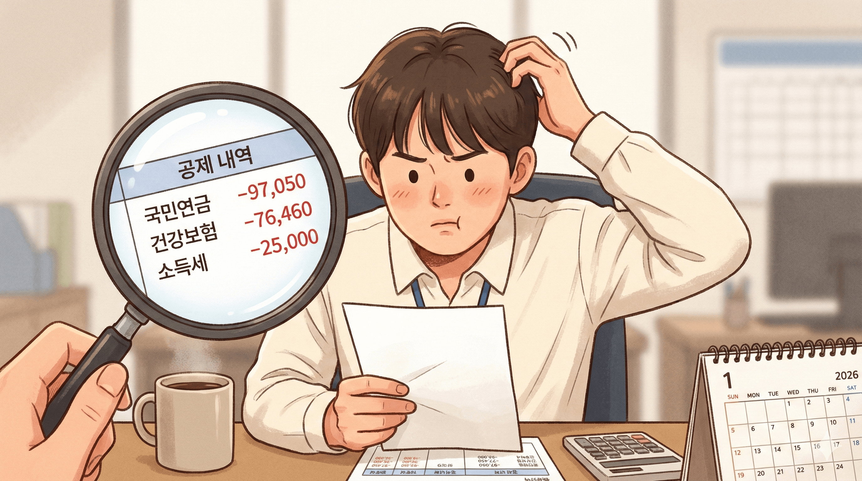 월급 명세서의 공제 내역과 실수령액을 확인하는 직장인