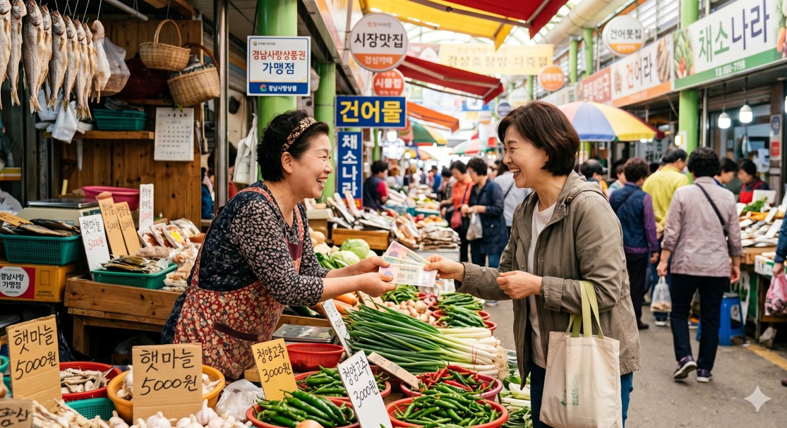전통시장에서 지역사랑상품권으로 장을 보는 활기찬 상인과 손님의 모습
