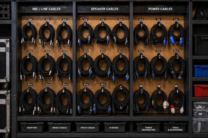 종류별과 길이별로 정리된 음향 케이블 보관 이미지