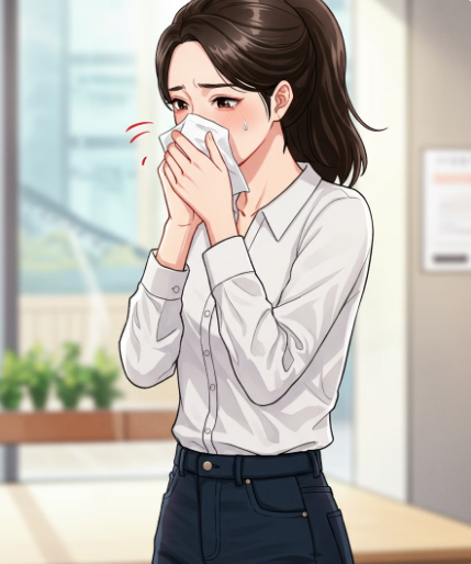 알레르기성 비염으로 기침하는 여성