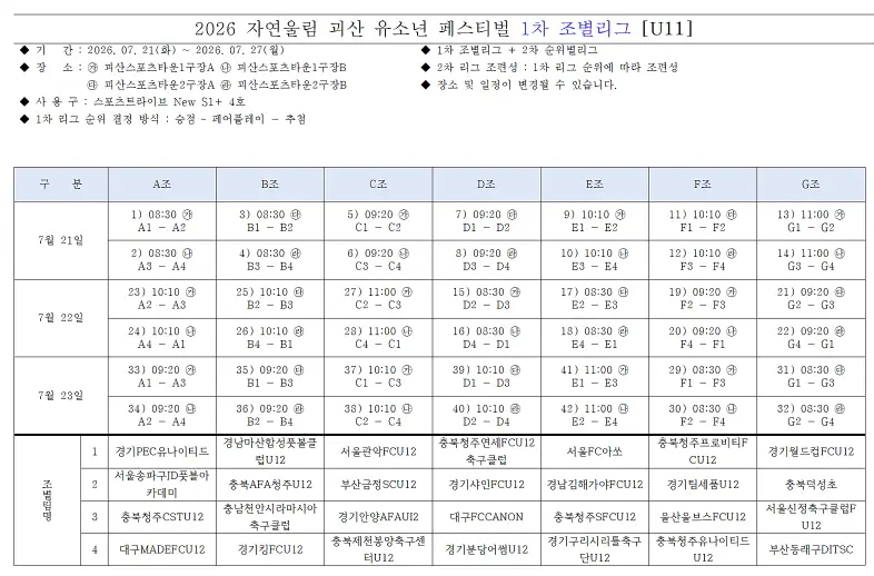 ⚽ 2026 자연울림 괴산 유소년 페스티벌 U12·U11 조편성