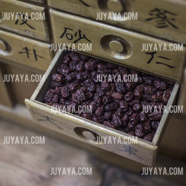 전통 한약 서랍 속에 담긴 작고 건조된 대추들. 한방에서 쓰이는 약재로서의 대추.