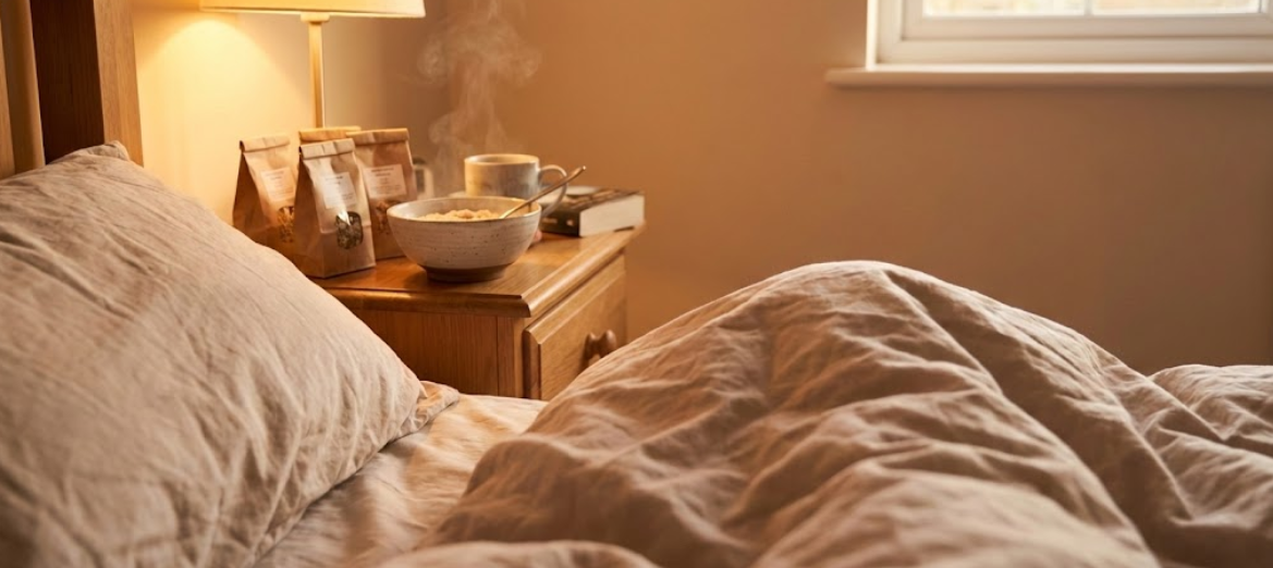 침대에 누워 아파하는 사람 옆에 따뜻한 죽과 약이 놓여있는 모습