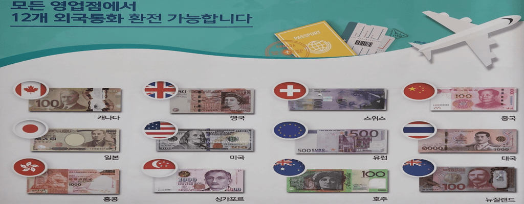 하나은행 환전: 12개국 통화 전지점 환전 (미국, 캐나다, 영국, 스위스, 중국, 일본, 유럽, 태국, 홍콩, 싱가포르, 호주, 뉴질랜드)
