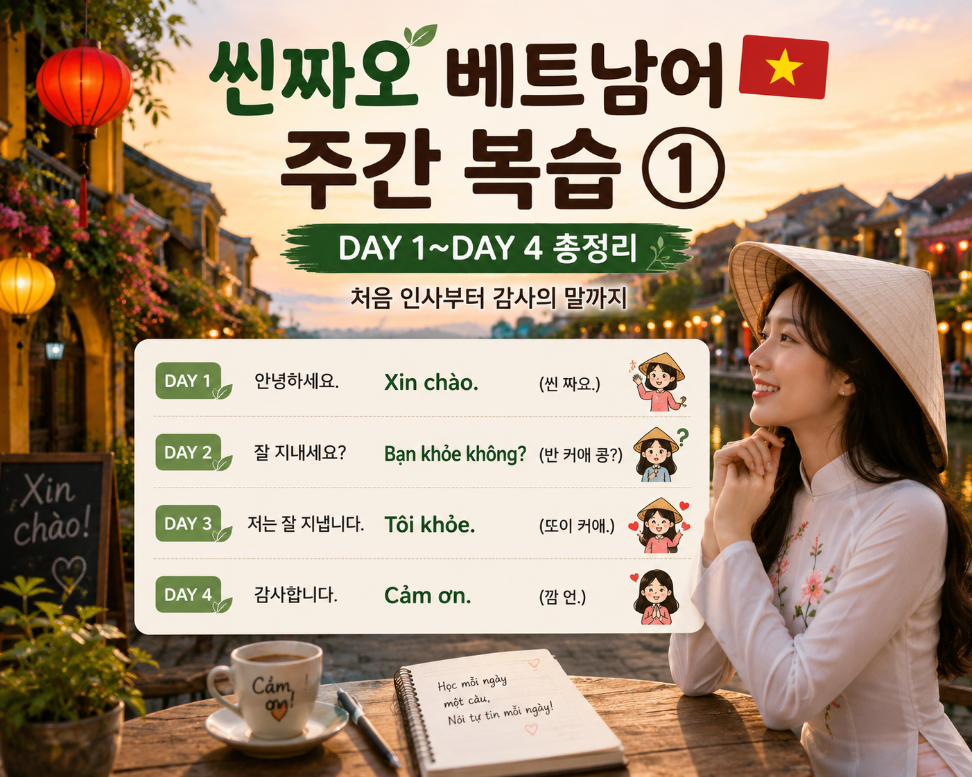 베트남 호이안의 노을 진 강변 거리를 배경으로, 전통 모자를 쓴 베트남 여성이 미소 짓고 있는 모습. 화면 중앙에는 「씬짜오 베트남어 주간 복습 ①」 이라는 제목과 DAY 1부터 DAY 4까지 배운 핵심 문장들이 정리되어 있다. 베트남어 초보자를 위한 주간 복습 썸네일 이미지.